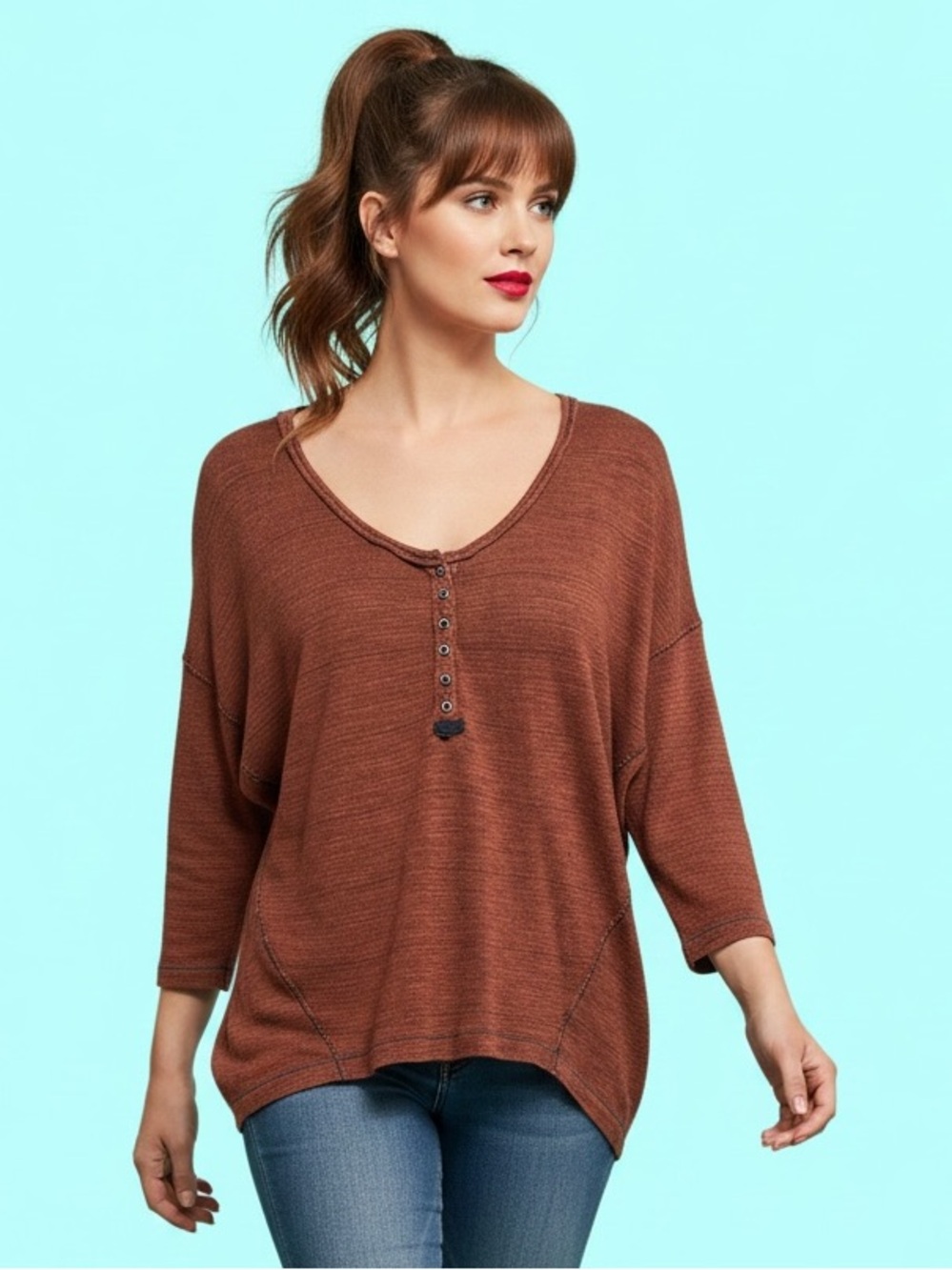 We The Free Free People Beach Haven Henley Top Rusty Red Orange Oversized XS